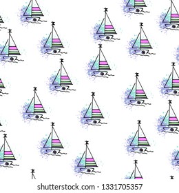 Childish pattern yachts silhouette on wave. Drawing Light summer travel sports seamless pattern. Marine icon sketch. Ship sailboat nautical. Prints Retro sailing transport. Infinitely repeating motif