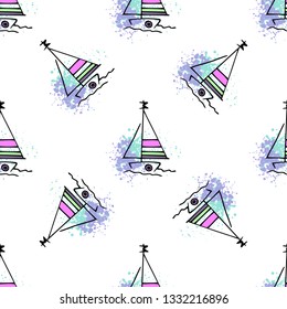 Childish pattern yachts silhouette on wave. Drawing Light summer travel sports seamless pattern. Marine icon sketch. Ship sailboat nautical. Prints Retro sailing transport. Infinitely repeating motif