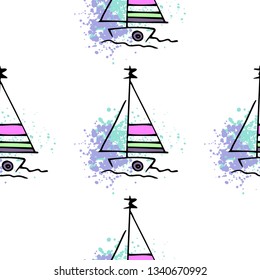 Childish pattern yachts silhouette on wave. Drawing Light summer travel sports seamless pattern. Marine icon sketch. Ship sailboat nautical. Prints Retro sailing transport. Infinitely repeating motif
