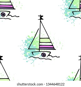 Childish pattern yachts silhouette on wave. Drawing Light summer travel sports seamless pattern. Marine icon sketch. Ship sailboat nautical. Prints Retro sailing transport. Infinitely repeating motif