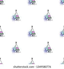 Childish pattern yachts silhouette on wave. Drawing Light summer travel sports seamless pattern. Marine icon sketch. Ship sailboat nautical. Prints Retro sailing transport. Infinitely repeating motif