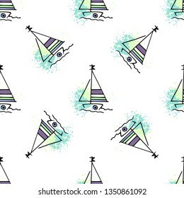 Childish pattern yachts silhouette on wave. Drawing Light summer travel sports seamless pattern. Marine icon sketch. Ship sailboat nautical. Prints Retro sailing transport. Infinitely repeating motif