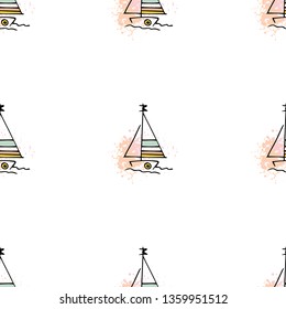 Childish pattern yachts silhouette on wave. Drawing Light summer travel sports seamless pattern. Marine icon sketch. Ship sailboat nautical. Prints Retro sailing transport. Infinitely repeating motif