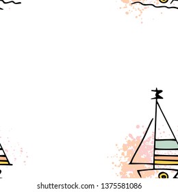 Childish pattern yachts silhouette on wave. Drawing Light summer travel sports seamless pattern. Marine icon sketch. Ship sailboat nautical. Prints Retro sailing transport. Infinitely repeating motif