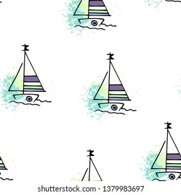 Childish pattern yachts silhouette on wave. Drawing Light summer travel sports seamless pattern. Marine icon sketch. Ship sailboat nautical. Prints Retro sailing transport. Infinitely repeating motif