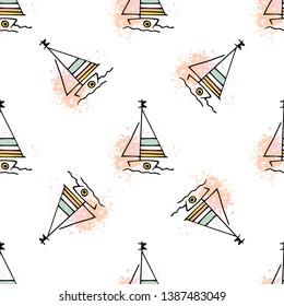 Childish pattern yachts silhouette on wave. Drawing Light summer travel sports seamless pattern. Marine icon sketch. Ship sailboat nautical. Prints Retro sailing transport. Infinitely repeating motif