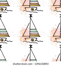 Childish pattern yachts silhouette on wave. Drawing Light summer travel sports seamless pattern. Marine icon sketch. Ship sailboat nautical. Prints Retro sailing transport. Infinitely repeating motif