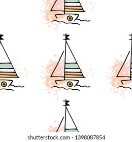 Childish pattern yachts silhouette on wave. Drawing Light summer travel sports seamless pattern. Marine icon sketch. Ship sailboat nautical. Prints Retro sailing transport. Infinitely repeating motif