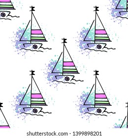 Childish pattern yachts silhouette on wave. Drawing Light summer travel sports seamless pattern. Marine icon sketch. Ship sailboat nautical. Prints Retro sailing transport. Infinitely repeating motif