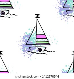 Childish pattern yachts silhouette on wave. Drawing Light summer travel sports seamless pattern. Marine icon sketch. Ship sailboat nautical. Prints Retro sailing transport. Infinitely repeating motif