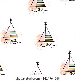 Childish pattern yachts silhouette on wave. Drawing Light summer travel sports seamless pattern. Marine icon sketch. Ship sailboat nautical. Prints Retro sailing transport. Infinitely repeating motif