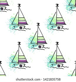 Childish pattern yachts silhouette on wave. Drawing Light summer travel sports seamless pattern. Marine icon sketch. Ship sailboat nautical. Prints Retro sailing transport. Infinitely repeating motif
