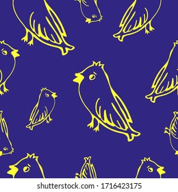 Childish pattern with yellow contours of a sparrow on a blue background. Doodles - birds for decorating children's clothes, fabrics, printing products, funny cute picture