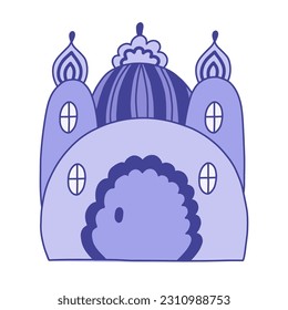 Childish patterned fairy tale castle with towers of kings and queens. Magic medieval castle for kids nursery, children posters, bedroom design. Vector hand drawn doodle of royal kingdom