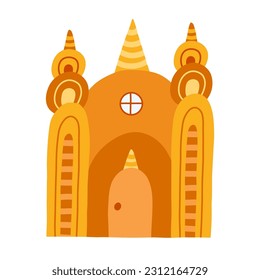 Childish patterned fairy tale castle with towers of kings and queens. Magic medieval castle for kids nursery, children posters, bedroom design. Vector hand drawn doodle of royal kingdom