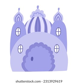 Childish patterned fairy tale castle with towers of kings and queens. Magic medieval castle for kids nursery, children posters, bedroom design. Vector hand drawn doodle of royal kingdom