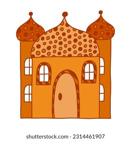 Childish patterned fairy tale castle with towers of kings and queens. Magic medieval castle for kids nursery, children posters, bedroom design. Vector hand drawn doodle of royal kingdom