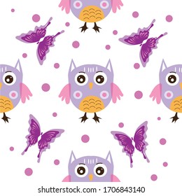 childish patterns, with cute owls, butterflies, for fabrics, wrappings, textiles. vector design