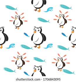 childish patterns, with cute penguins, fish. for cloth, wrappers, textiles. vector design