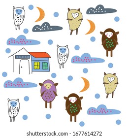 childish patterns. with trees, houses, stars, grass. Creative Scandinavian children's textures for fabrics, packages, wrappers, textiles, wallpapers. vector illustration