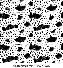 Childish pencil doodle seamless pattern. Hand drawn abstract chaotic ink scribbles decorative texture. Charcoal strokes and dots. Black paint freehand scribbles. Hand drawn black pencil shapes.