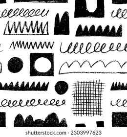Childish pencil drawn geometric shapes and scribbles seamless pattern. Hand drawn charcoal childish shapes, swirls and curly lines. Dry black pencil or graphite drawing. Doodle objects.