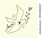 Childish pencil schematic primitive dove bird drawing talisman, baby style stylized pigeon, simple isolated clip-art, peace and love peaceful pacific kindness concept