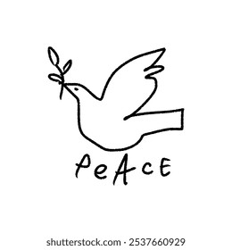 Childish pencil schematic primitive dove bird drawing, baby style stylized pigeon, simple isolated clip-art, peace and live peaceful pacific kindness concept