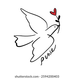 Childish pencil schematic primitive dove bird drawing talisman, baby style stylized pigeon, simple isolated clip-art, peace and love peaceful pacific kindness concept