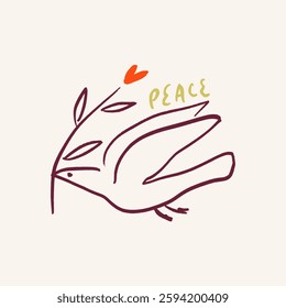 Childish pencil schematic primitive dove bird drawing talisman, baby style stylized pigeon, simple isolated clip-art, peace and love peaceful pacific kindness concept