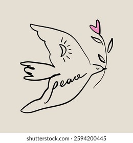 Childish pencil schematic primitive dove bird drawing talisman, baby style stylized pigeon, simple isolated clip-art, peace and love peaceful pacific kindness concept