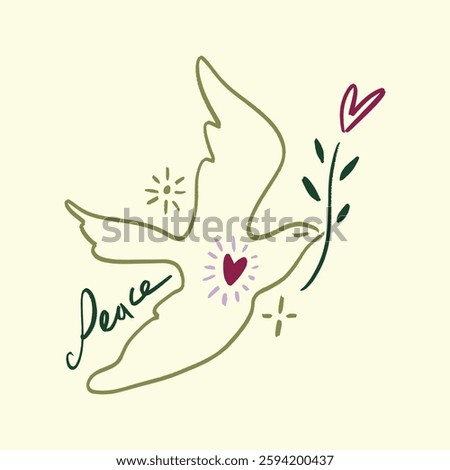 Childish pencil schematic primitive dove bird drawing talisman, baby style stylized pigeon, simple isolated clip-art, peace and love peaceful pacific kindness concept