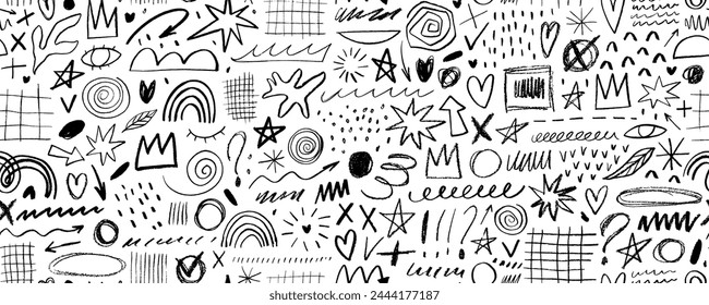 Childish pencil-drawn doodle seamless pattern with crowns, grids, stars, squiggles and random shapes. Messy doodles, geometric and organic crayon strokes. Hand drawn charcoal lines pattern.