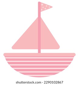 Childish pink boat with sails and flag. Vector flat illustration