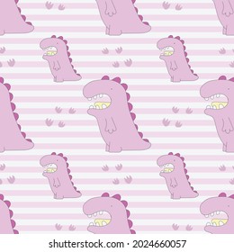 Childish pink dinosaur cute seamless pattern with hand drawn dino in cute style. Creative vector childish background for fabric, textile, paper, style, template and backdrop.