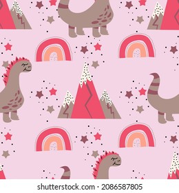 Patrón transparente rosa chileno con dinosaurios, montañas, arcoíris y estrellas.Ilustración vectorial en estilo plano para tejidos de bebés con dinosaurio lindo