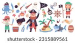 Childish pirate set. Cartoon cute kid pirates carnival costume, kid sailor captain character sea adventure island treasure chest parrot pirats bird, ingenious vector illustration of pirate captain
