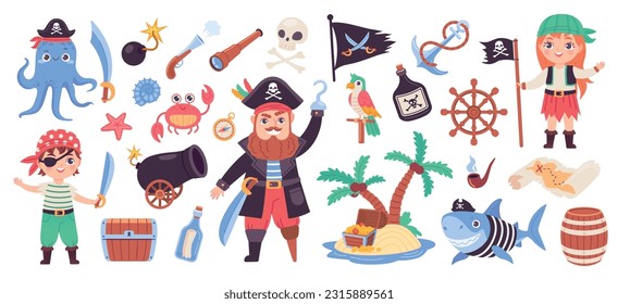 Childish pirate set. Cartoon cute kid pirates carnival costume, kid sailor captain character sea adventure island treasure chest parrot pirats bird, ingenious vector illustration of pirate captain
