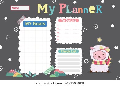 Childish planner with cartoon sheep and flowers. Schedule template, planner for printing. Cartoon vector illustration for kids. Black background. Perfect for summer vacation plans.