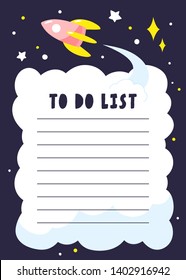 Childish planner with space elements. Rocket in flight and stars in the space. Vector template suitable for to do list or schedule.