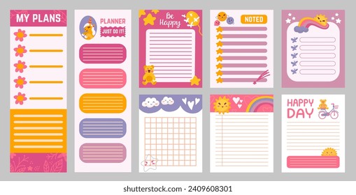 Planeadores infantiles. Para hacer listas de diseño lindo, estilo escandinavo nota plantilla de papel. Páginas vacías para portátiles con elementos de dibujos animados, conjunto de vectores neotercios