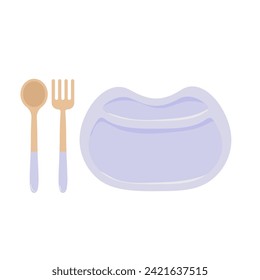 Childish plate with cutlery. Kids tableware. Empty silicone dish with spoon and fork. Vector flat illustration.