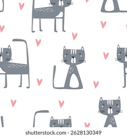 Childish and playful cartoon cat seamless pattern. Vector illustration for textile, baby print, wrapping, t-shirt, packaging, bedding, clothing and others