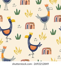 Padrão de frango infantil e brincalhão sem costura com formas abstratas. Ilustração vetorial para crianças ou vestuário para bebês, têxtil, impressão, papel de embrulho, jardim de infância, fundo de creche e outros