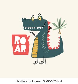 Childish and playful roaring dinosaur vector illustration for kindergarten background, kids poster decoration, t-shirts, book cover, apparel and others