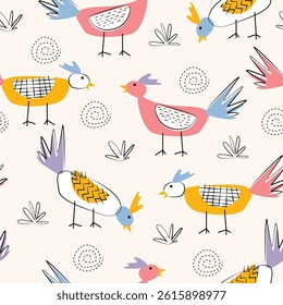Childish and playful rooster seamless pattern scandinavian style. Vector illustration for kids or baby apparel,  textile, print, wrapping paper, kindergarten, nursery background and other