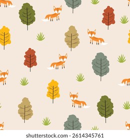 Childish and playful Seamless pattern with cute cartoon animals fox and tree vector illustration for wrapping paper, t-shirt, printing, packaging, fabric, clothing and others 