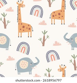 Childish and playful seamless pattern with cute giraffe, elephant, rainbow, cloud and tree. Vector illustration for kids or baby apparel,  textile, nursery, wrapping paper, kindergarten and other