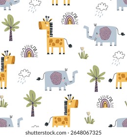 Childish and playful seamless pattern with cute giraffe, elephant, rainy, cloud and tree. Vector illustration for kids or baby apparel,  textile, bedding, wrapping paper, kindergarten and other
