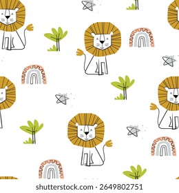 Childish and playful seamless pattern with cute cartoon lion, rainbow, star and tree. Vector illustration for kids or baby apparel,  textile, bedding, wrapping paper, kindergarten and other